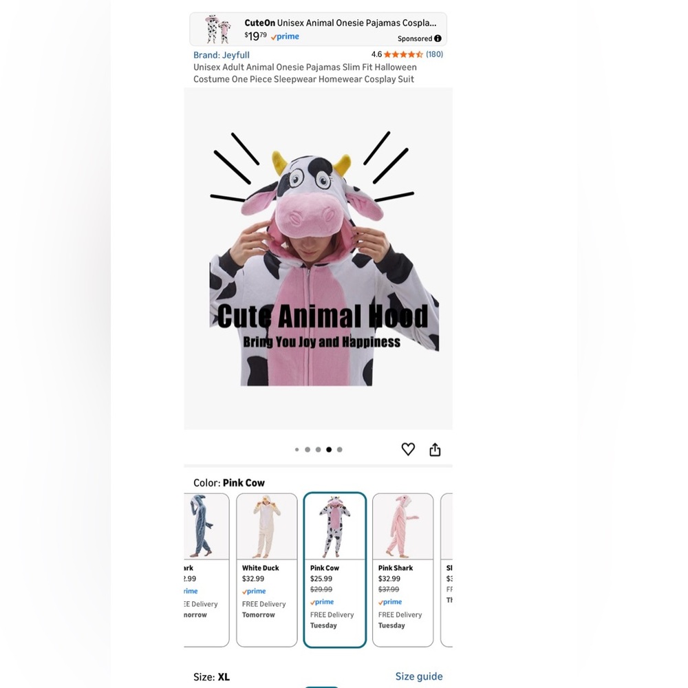 CuteUn Pink Cow Animal Onesie Pajamas. Size XL.